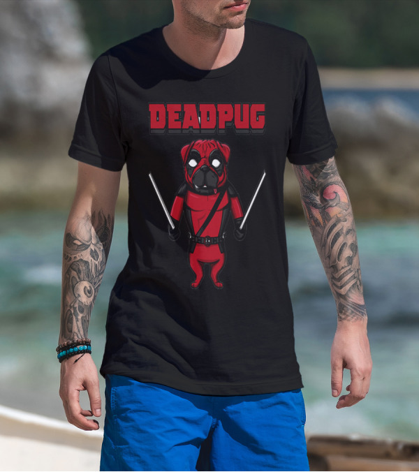DEADPUG DEADPOOL PUG COMIC PARODY WITH SWORDS T-Shirt