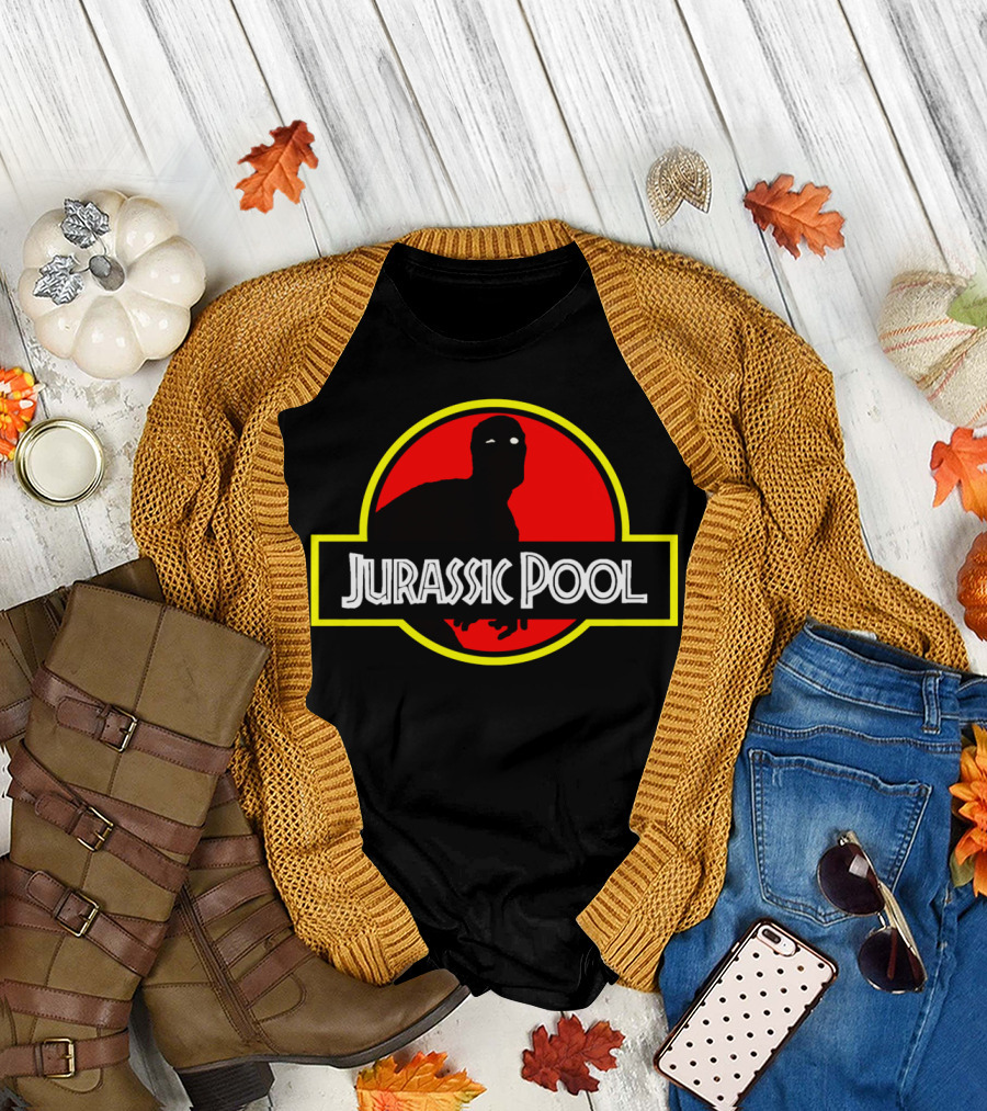 Jurassic Pool Deadpool Parody with Dinosaur Logo and Red Circle T-Shirt