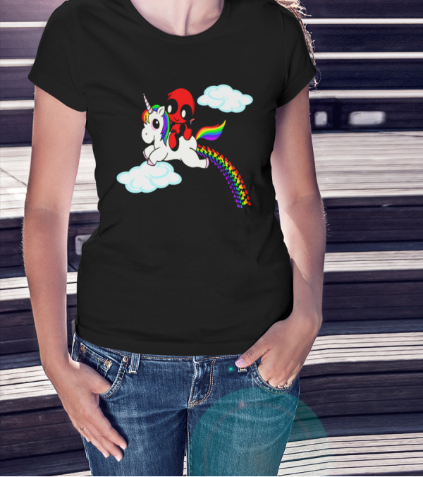 Deadpool Riding Rainbow Unicorn In Clouds T-Shirt