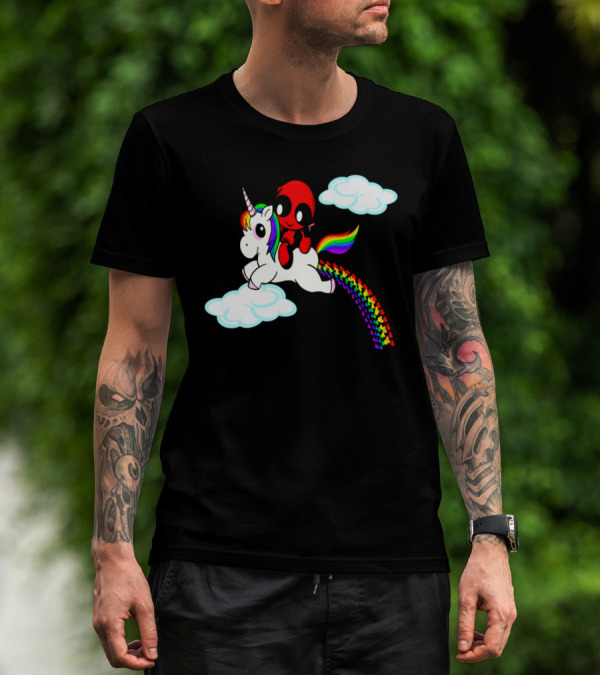 Deadpool Riding Rainbow Unicorn In Clouds T-Shirt