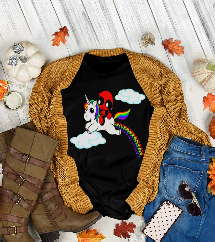Deadpool Riding Rainbow Unicorn in Clouds T-Shirt