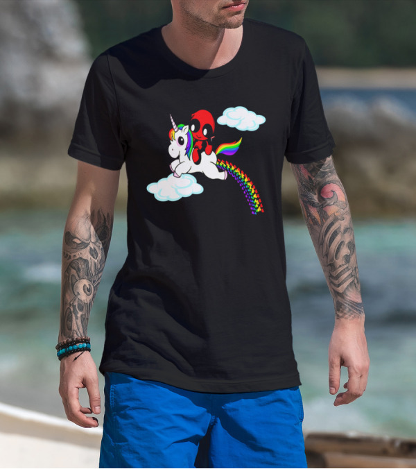 Deadpool Riding Rainbow Unicorn In Clouds T-Shirt