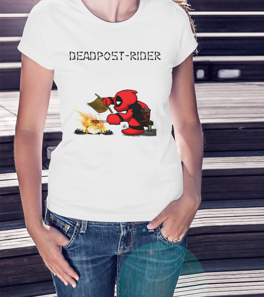 Deadpool Rider Cooking Marshmallow Over Fire Cartoon Scene T-Shirt