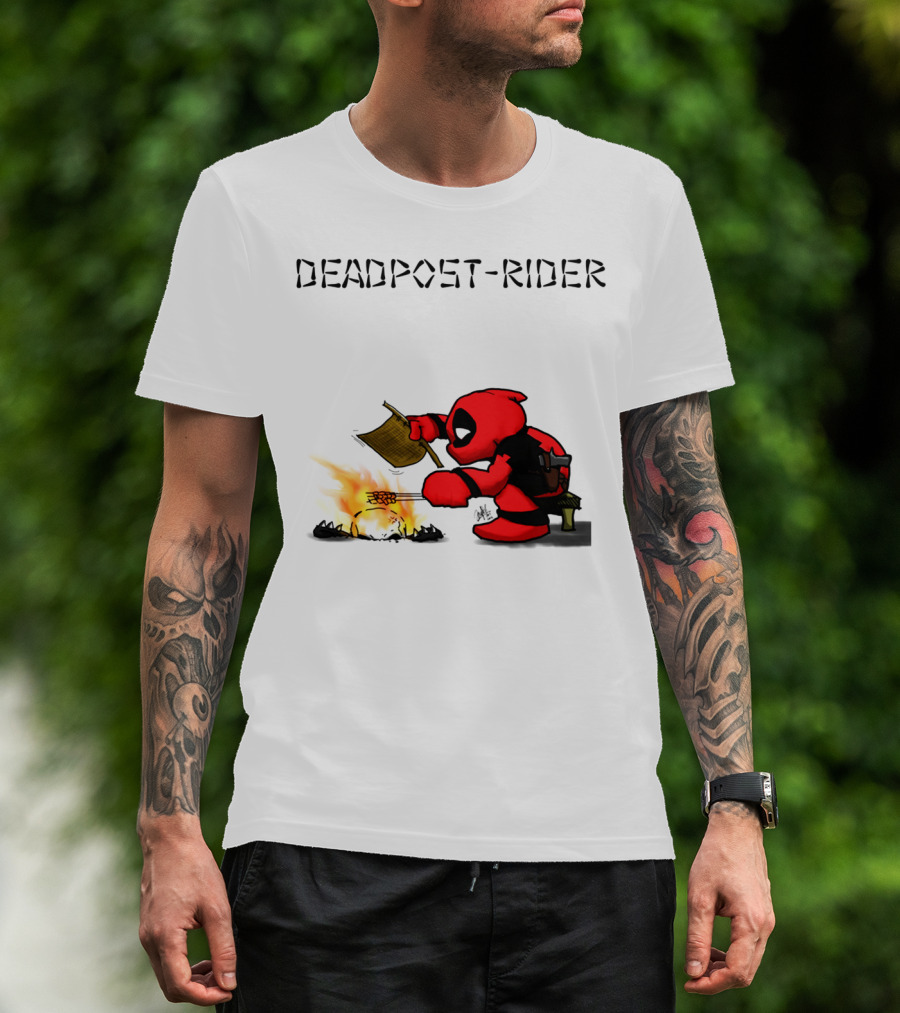 Deadpool Rider Cooking Marshmallow Over Fire Cartoon Scene T-Shirt