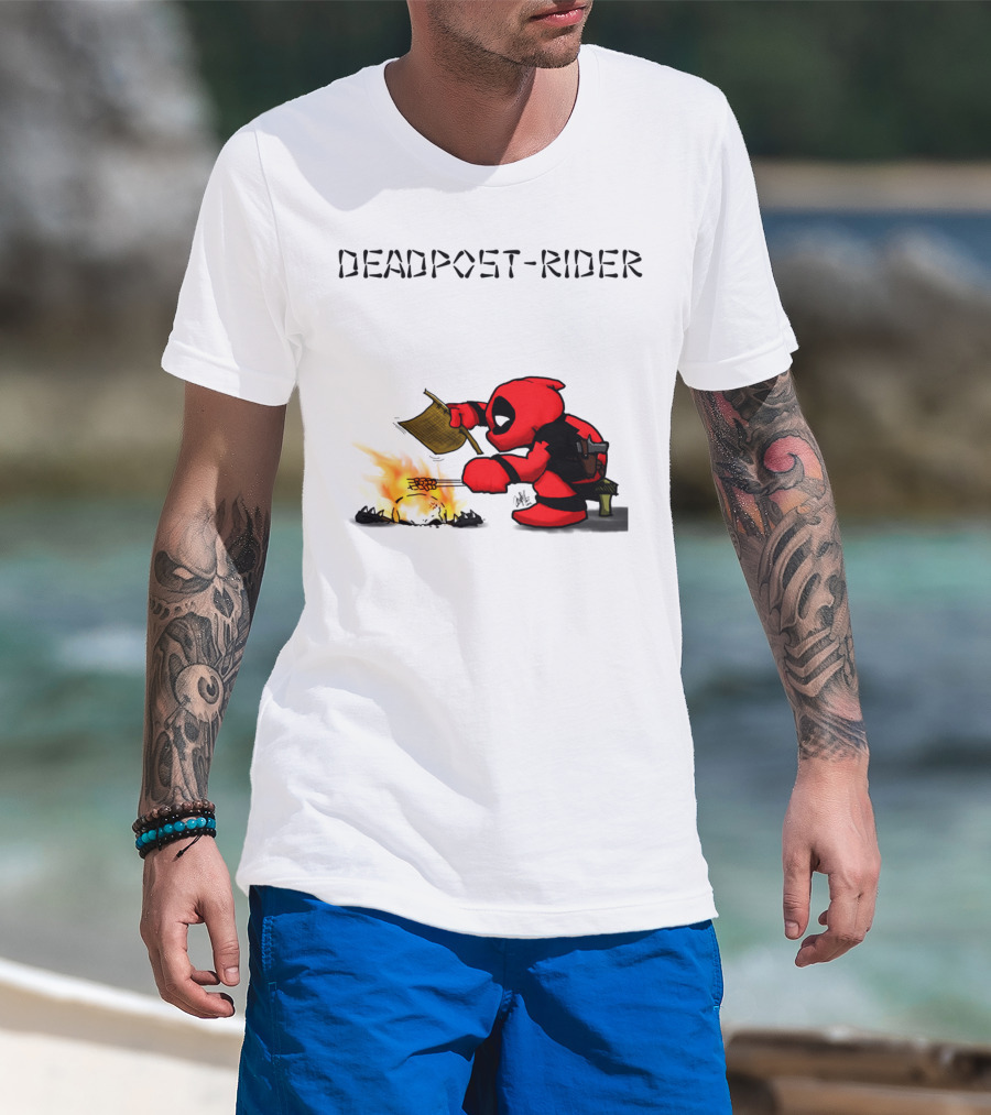 Deadpool Rider Cooking Marshmallow Over Fire Cartoon Scene T-Shirt