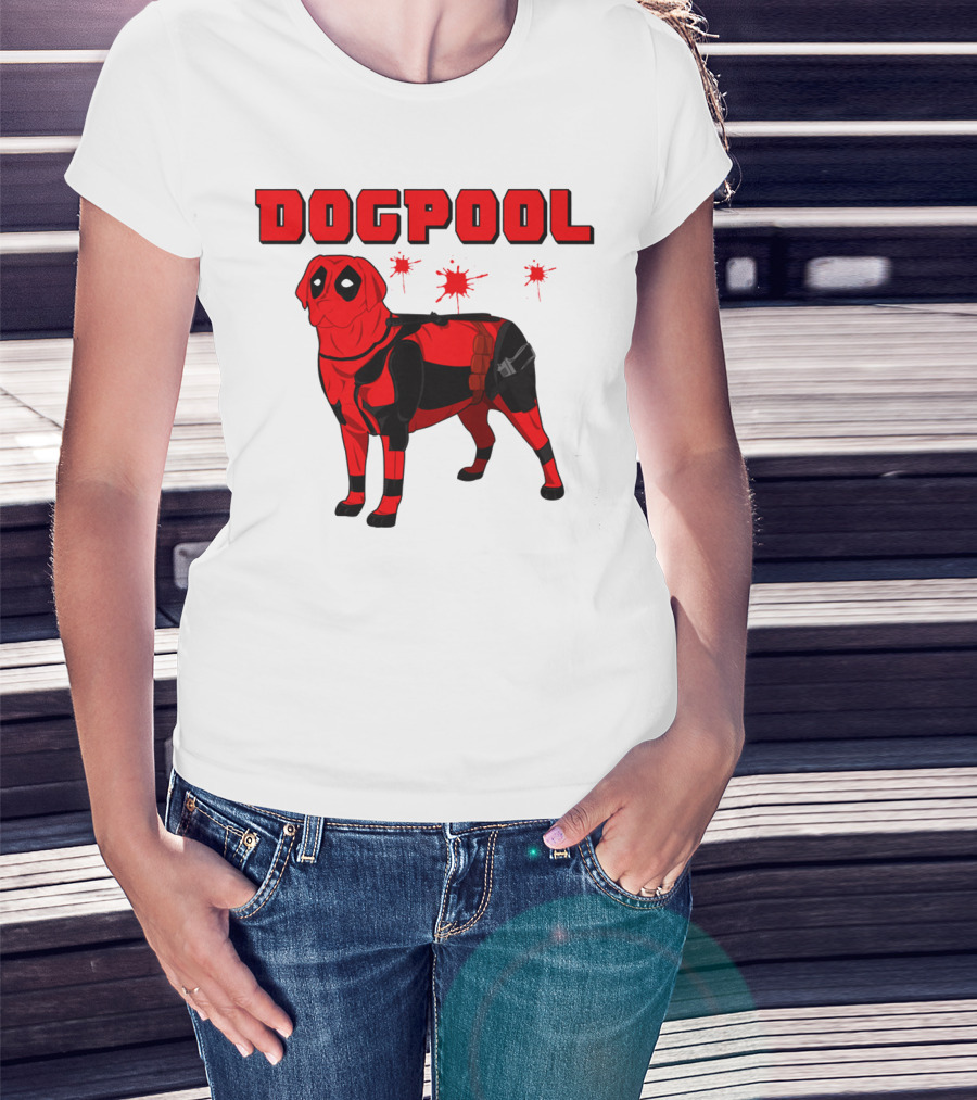 DOGPOOL Inspired By Deadpool With Red Suit And Splattered Background T-Shirt