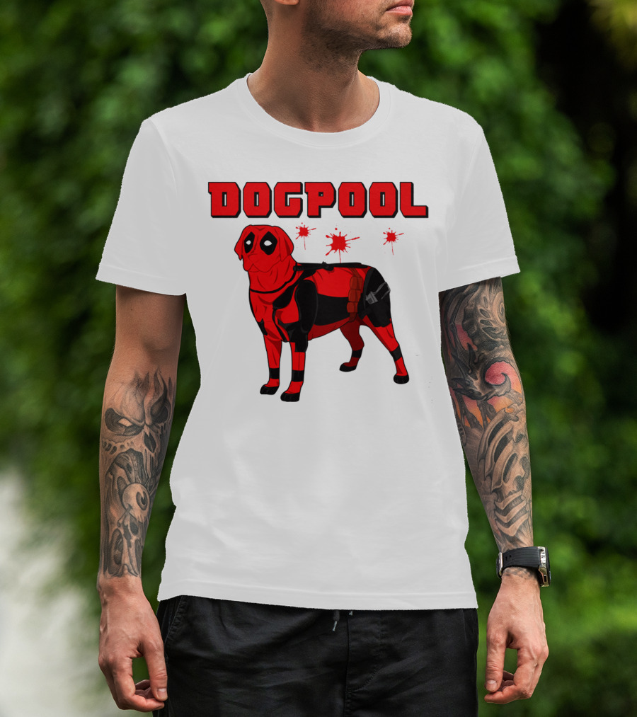DOGPOOL Inspired By Deadpool With Red Suit And Splattered Background T-Shirt
