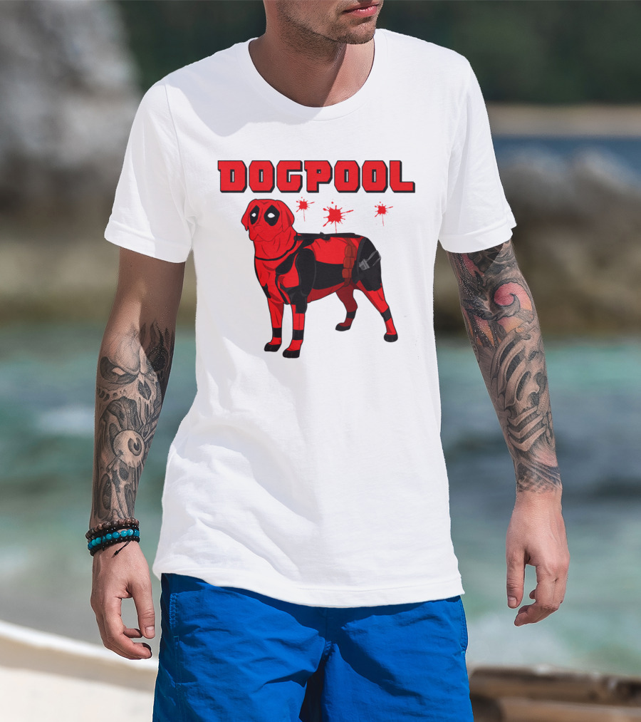 DOGPOOL Inspired By Deadpool With Red Suit And Splattered Background T-Shirt