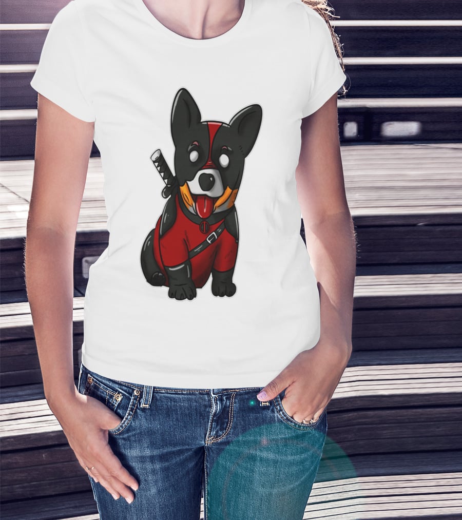 Corgipool Corgi Deadpool Merchandise Red Black Costume Sword Dog Iconic Character Image T-Shirt