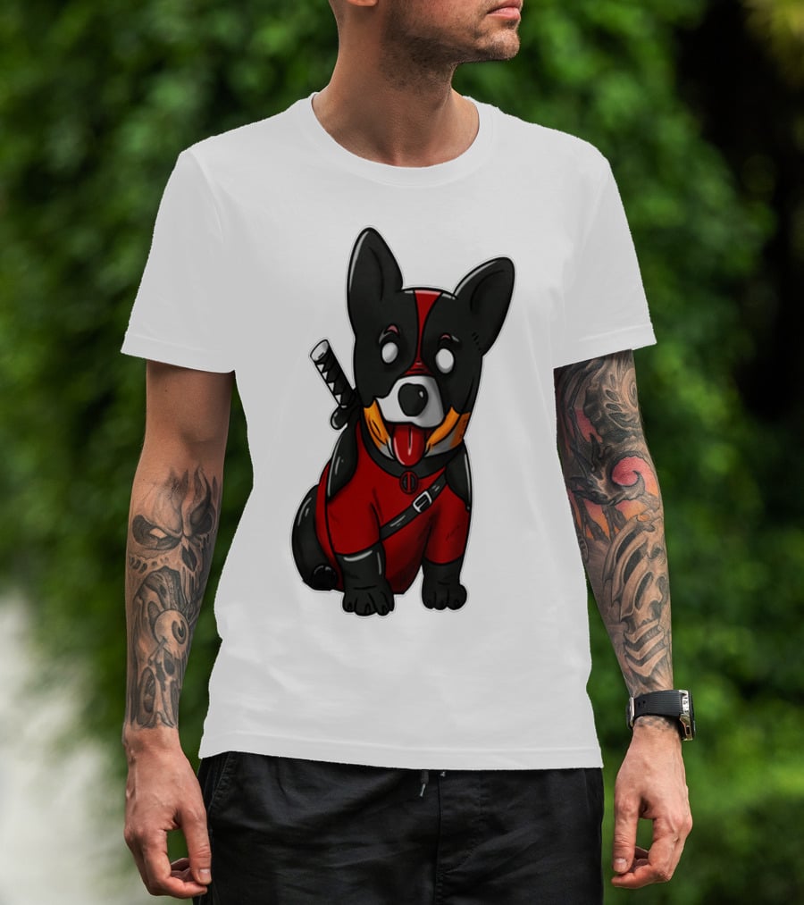 Corgipool Corgi Deadpool Merchandise Red Black Costume Sword Dog Iconic Character Image T-Shirt