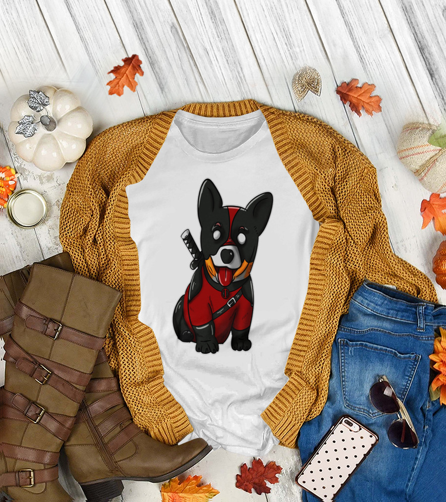 CORGIPOOL CORGI DEADPOOL MERCHANDISE RED BLACK COSTUME SWORD DOG ICONIC CHARACTER IMAGE T-Shirt