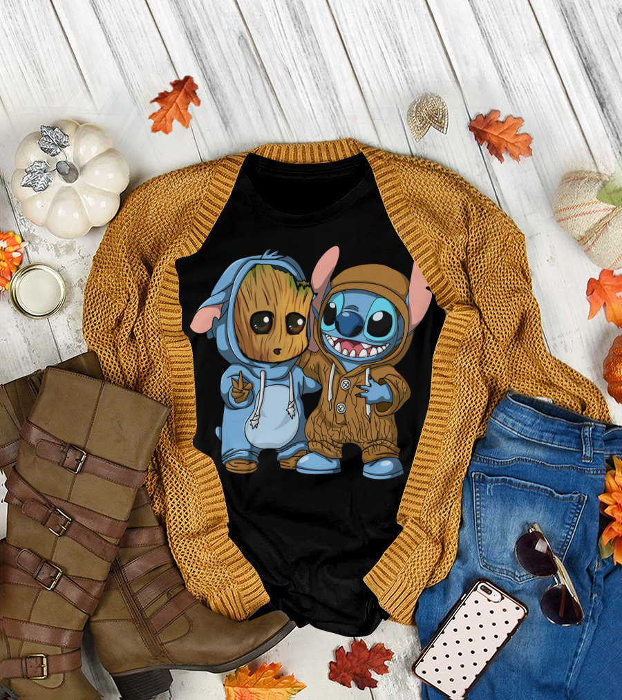 Adorable Groot and Stitch Crossover in Costume Friendship T-Shirt