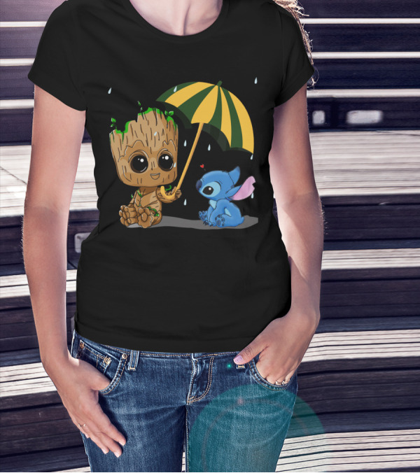 Groot And Little Stitch Friendship Under Umbrella With Raindrops And Heart T-Shirt