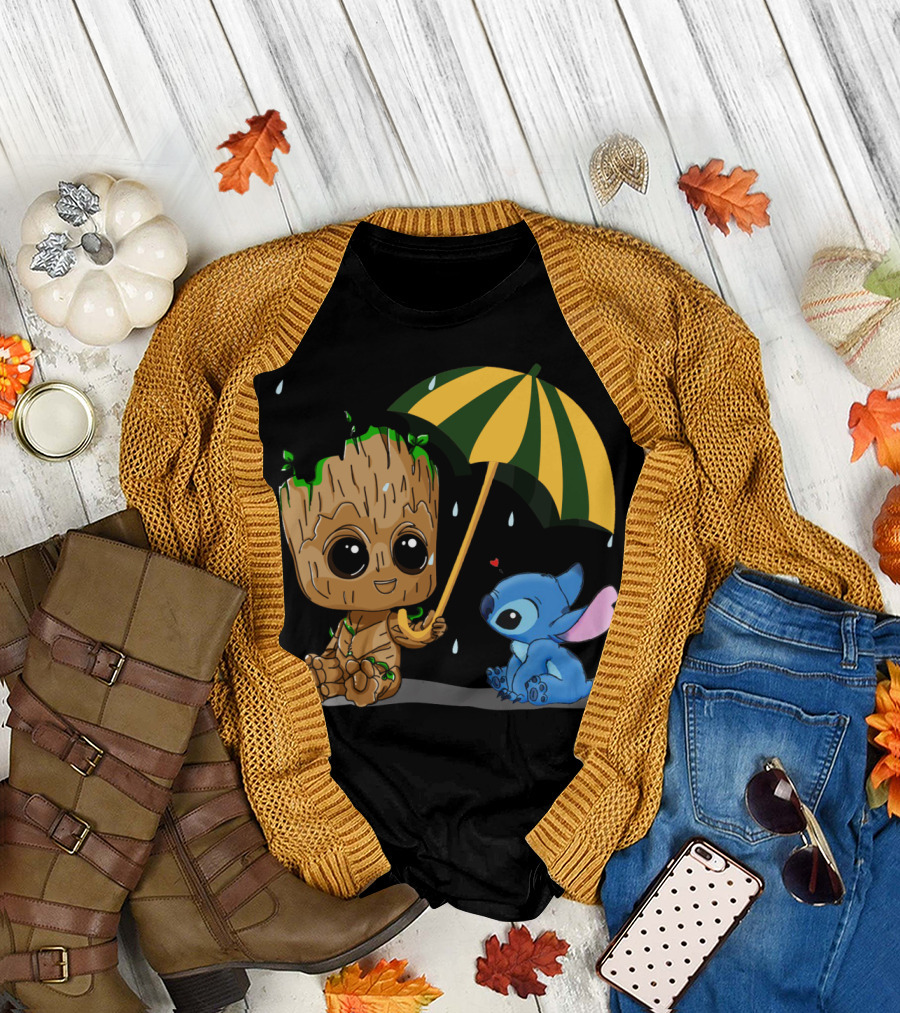 Groot and Little Stitch Friendship Under Umbrella with Raindrops and Heart T-Shirt