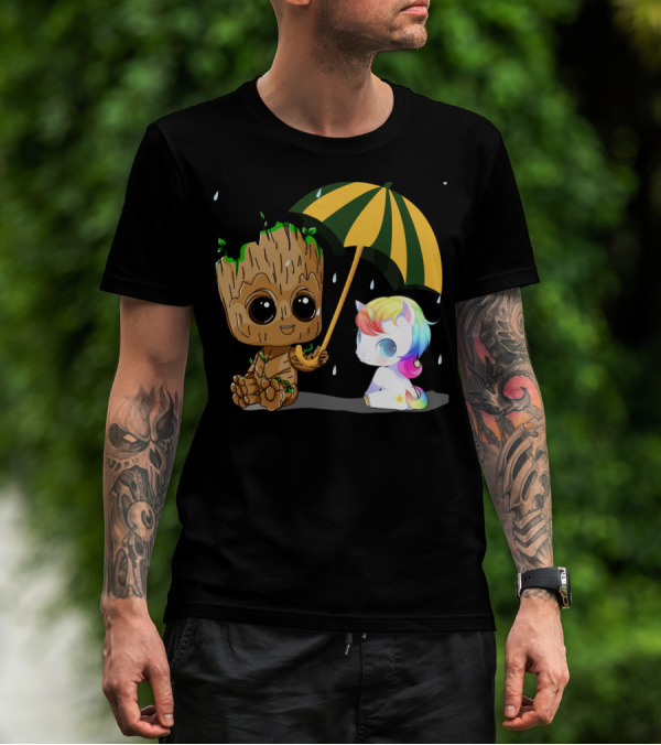 Groot Holding Umbrella Sitting With Cute Rainbow Unicorn T-Shirt