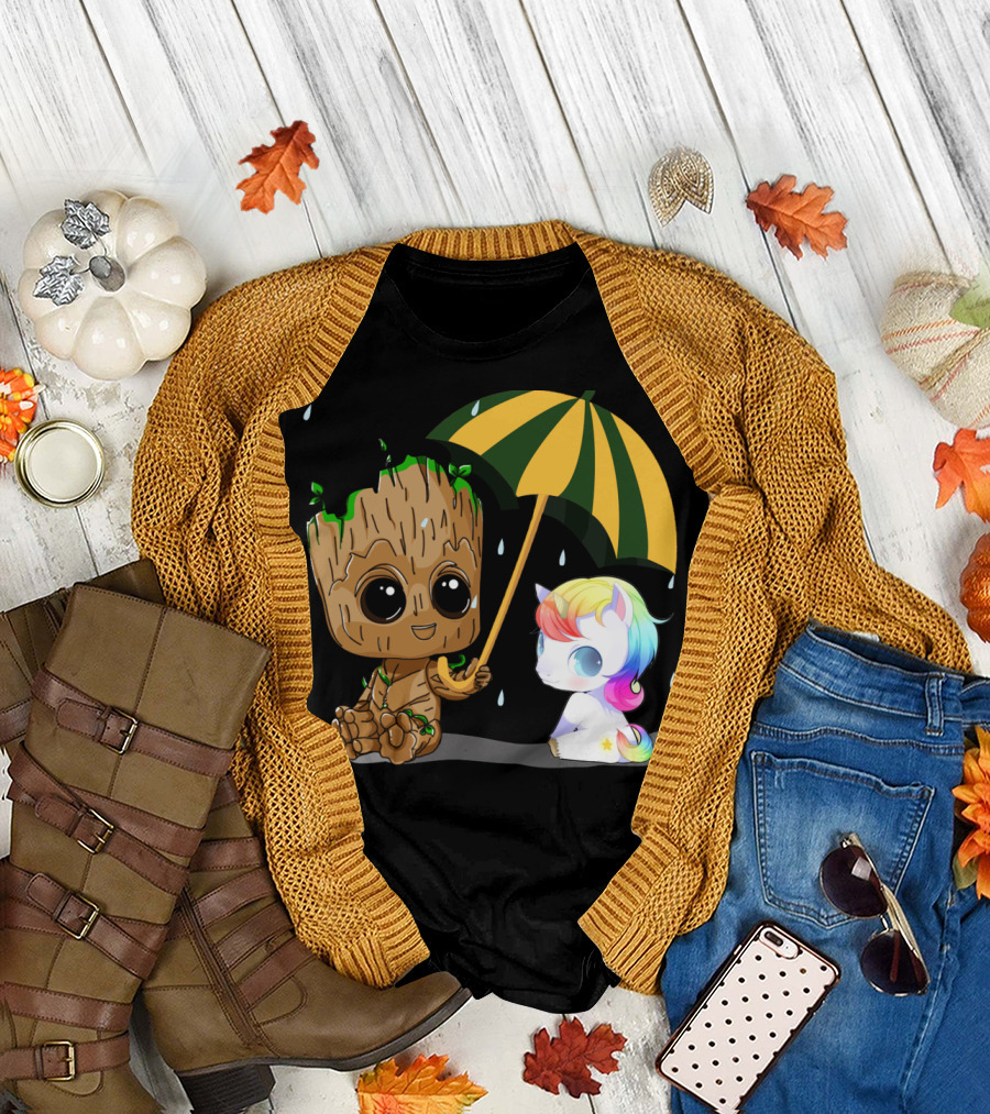 Groot Holding Umbrella Sitting with Cute Rainbow Unicorn T-Shirt