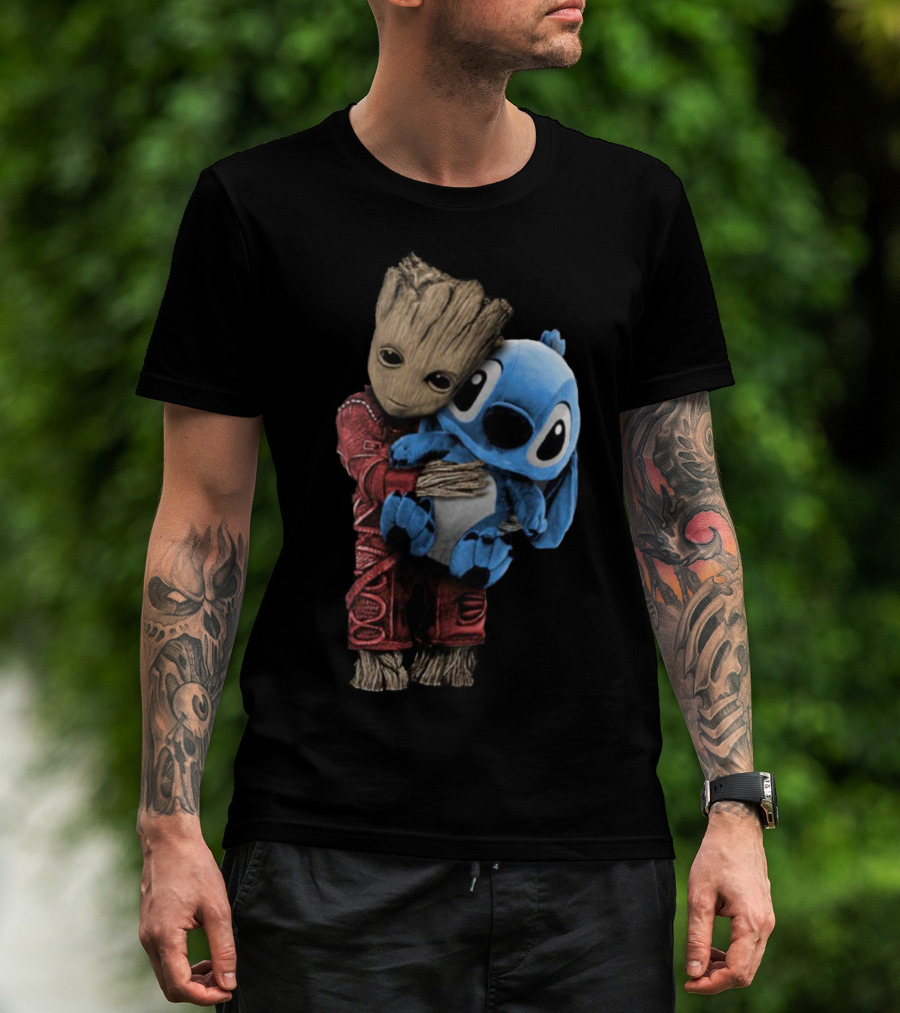 Groot And Baby Stitch Hugging Compilation Disney Marvel Crossover T-Shirt