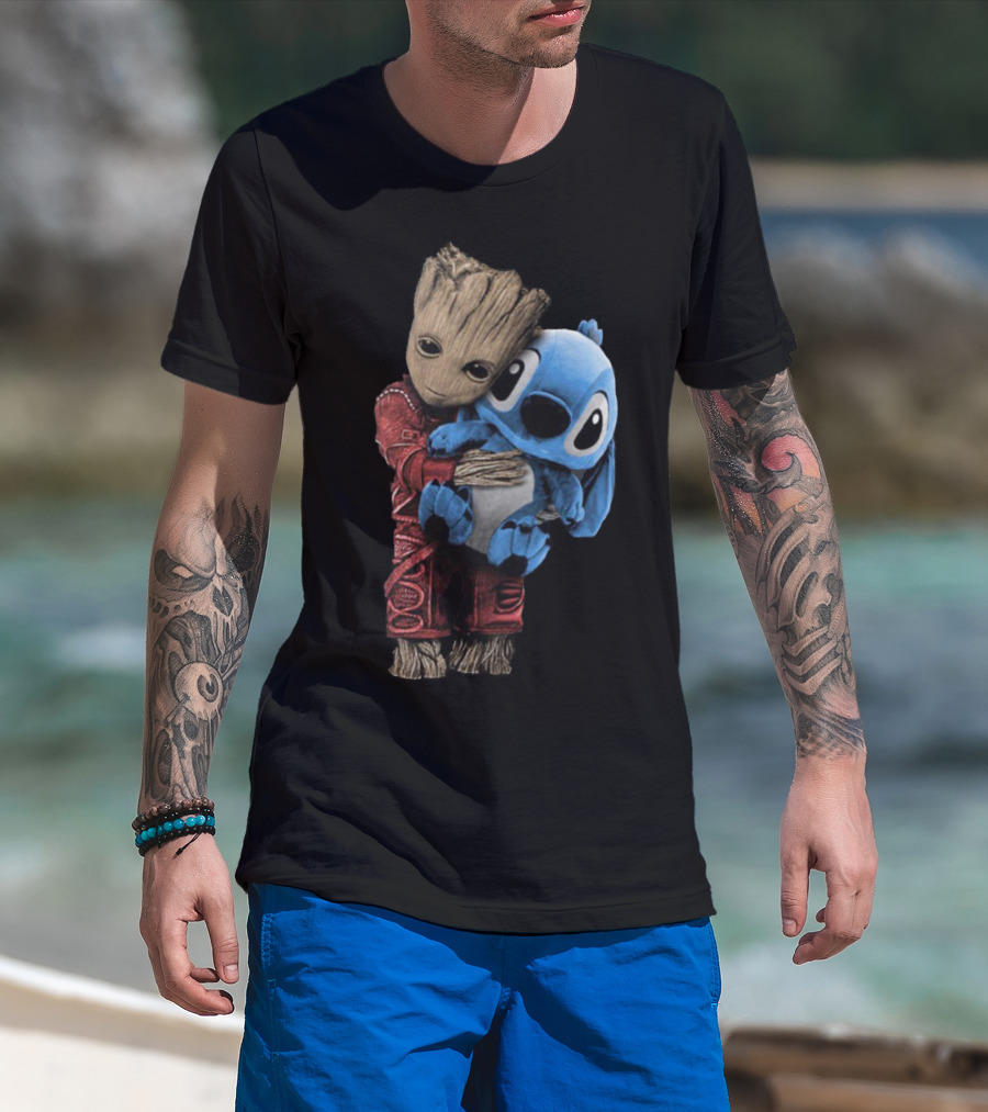 Groot And Baby Stitch Hugging Compilation Disney Marvel Crossover T-Shirt