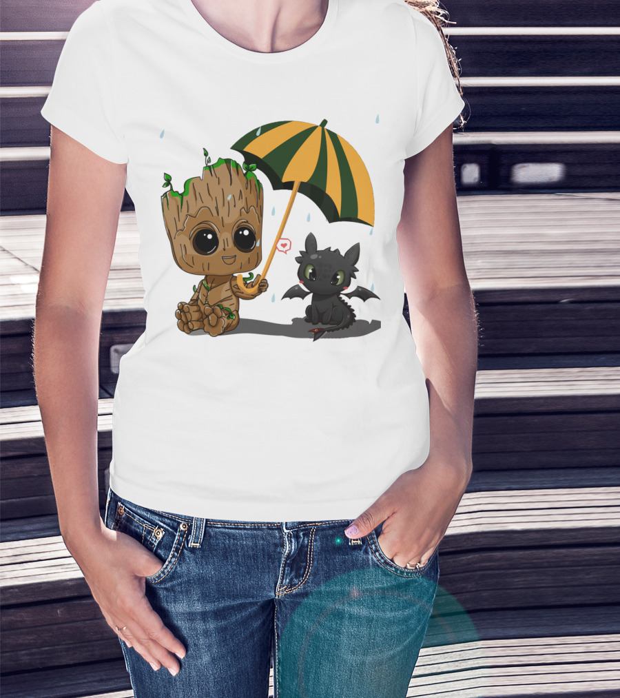 Groot And Little Hiccup Dragon Sharing Umbrella In The Rain T-Shirt