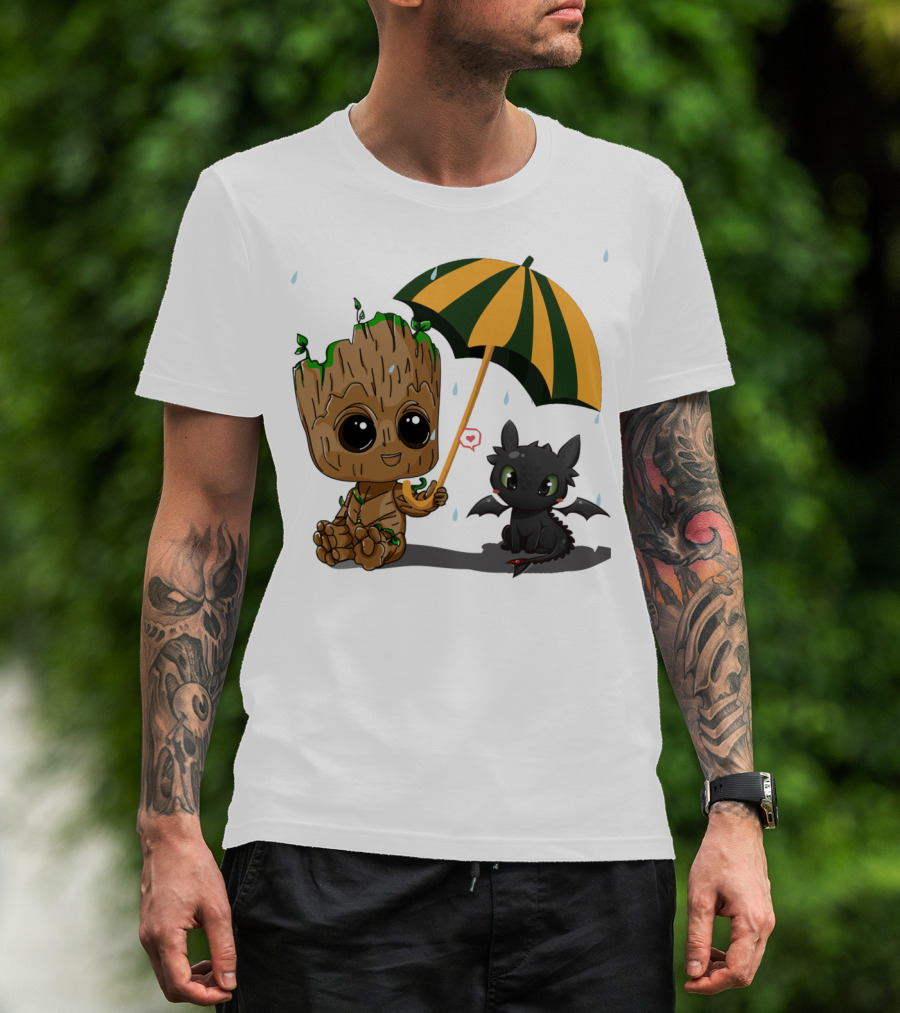 Groot And Little Hiccup Dragon Sharing Umbrella In The Rain T-Shirt