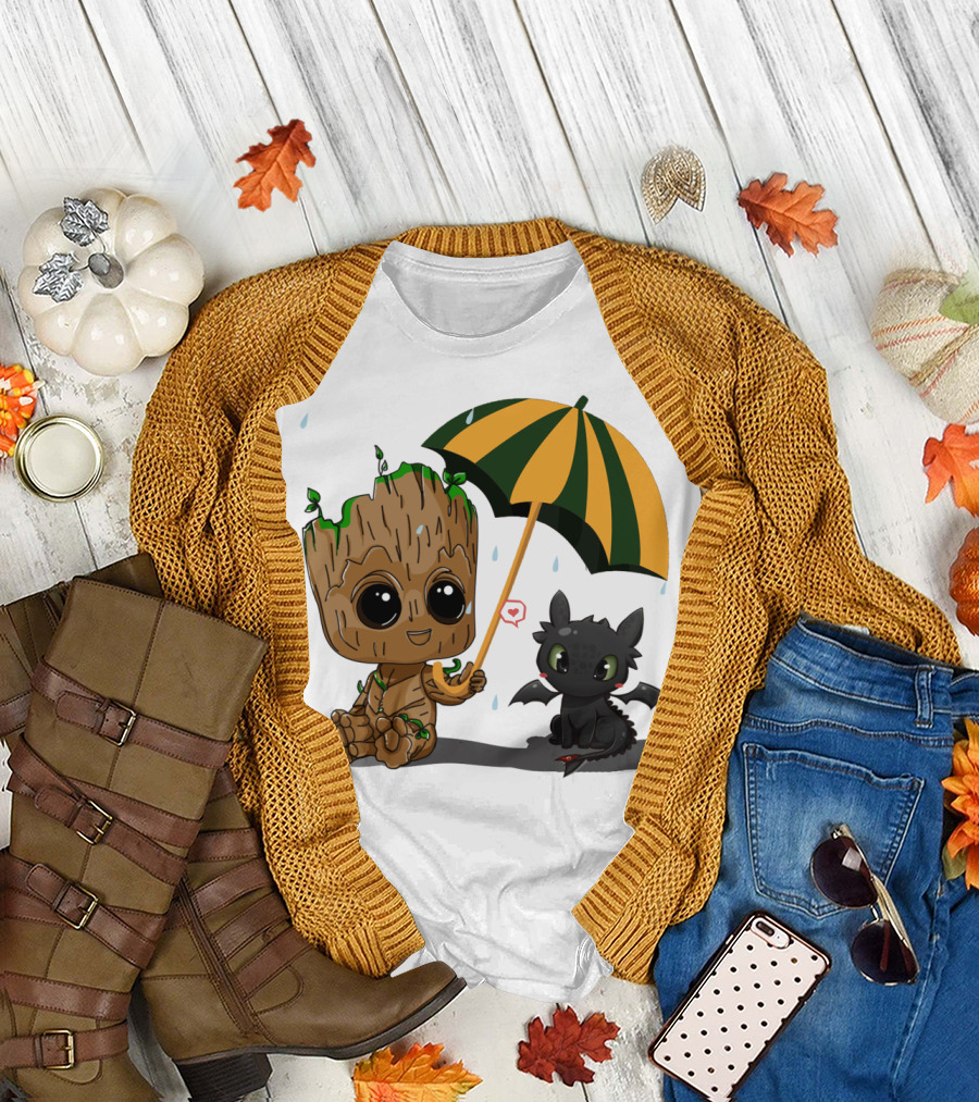 Groot and Little Hiccup Dragon Sharing Umbrella in the Rain T-Shirt
