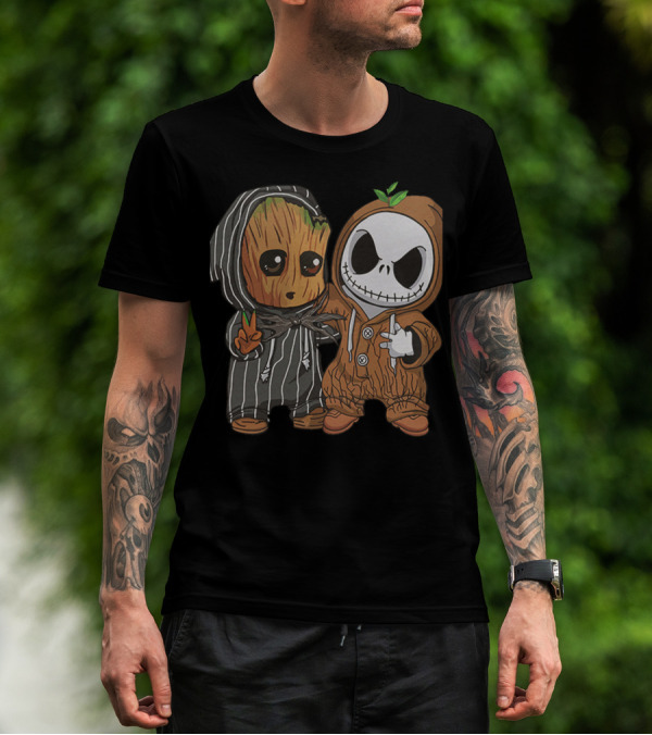Groot In Striped Hoodie And Jack Skellington In Wood-Patterned Suit T-Shirt