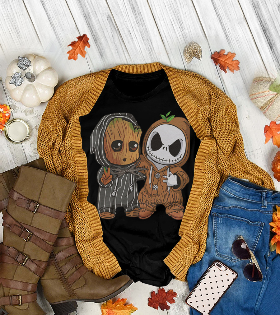 Groot in Striped Hoodie and Jack Skellington in Wood-Patterned Suit T-Shirt
