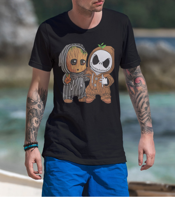 Groot In Striped Hoodie And Jack Skellington In Wood-Patterned Suit T-Shirt