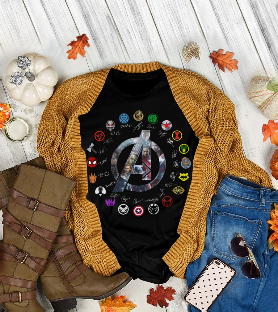 Avengers Endgame Icon with Character Portraits and Signatures Featuring Hero Symbols T-Shirt