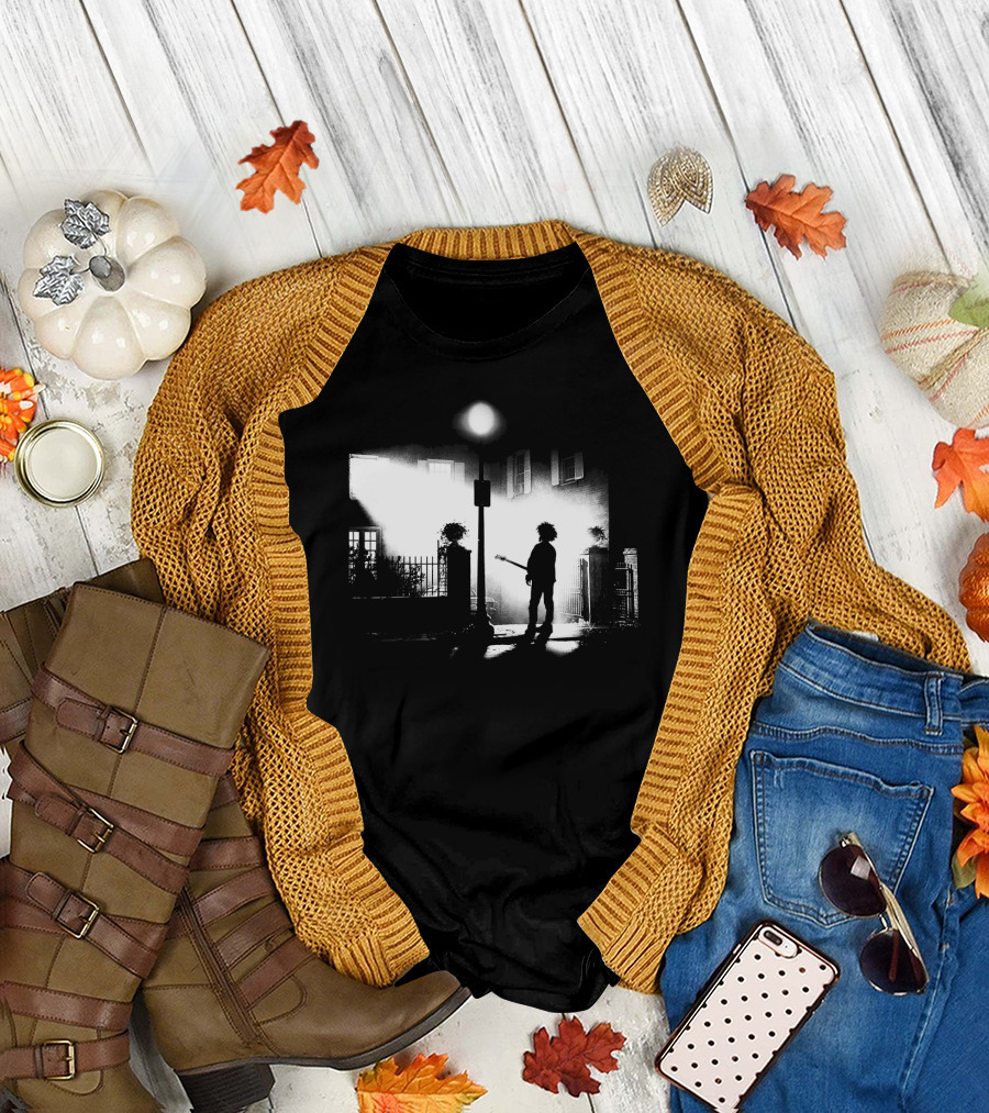 Curexorcist Gothic Silhouette Under Streetlight with Guitar in Black and White Urban Scene T-Shirt