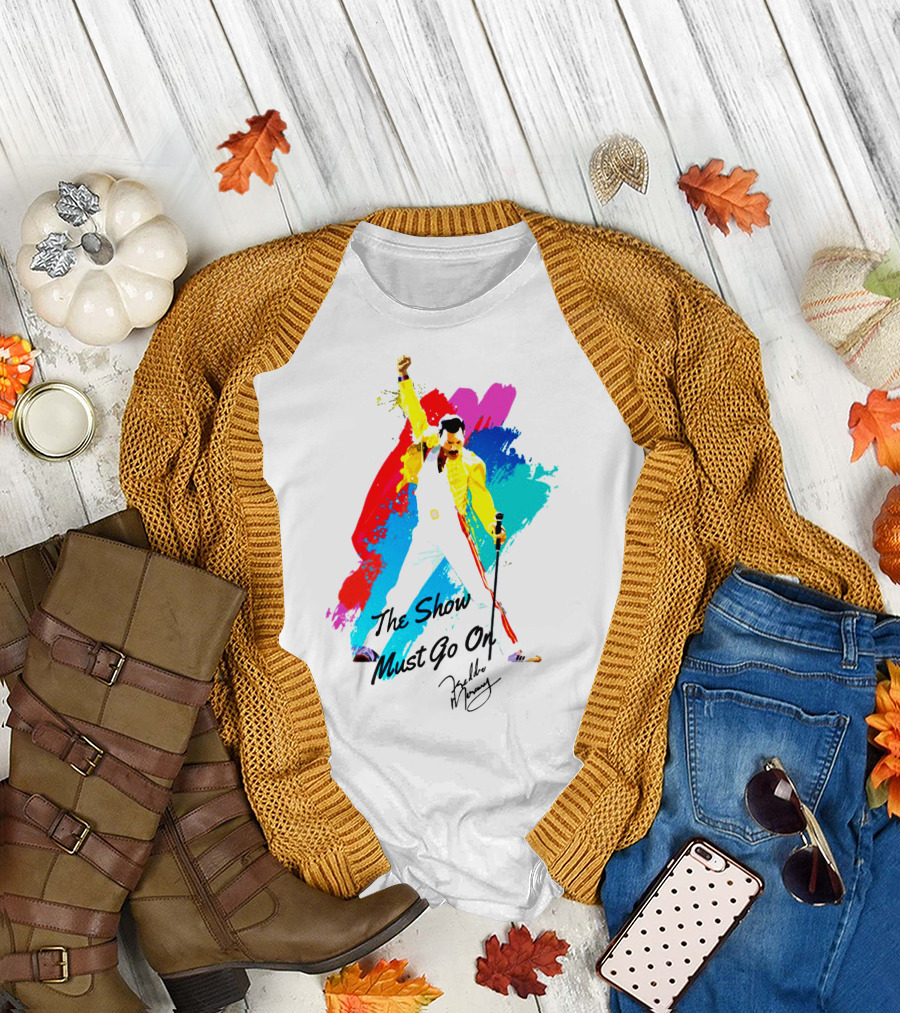 Queen The Show Must Go On Signature Artwork Colorful Freddie Mercury Image T-Shirt
