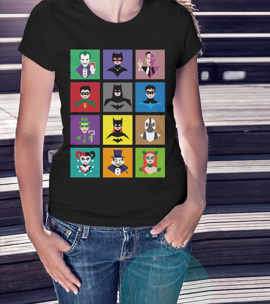 Batman Animated Villains Heroes Joker Catwoman Two-Face Robin Nightwing Riddler Batgirl Bane Harley Quinn Penguin Poison Ivy T-Shirt