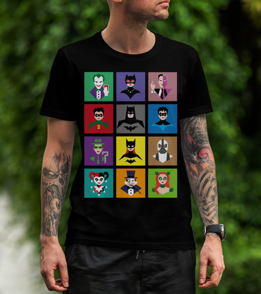 Batman Animated Villains Heroes Joker Catwoman Two-Face Robin Nightwing Riddler Batgirl Bane Harley Quinn Penguin Poison Ivy T-Shirt