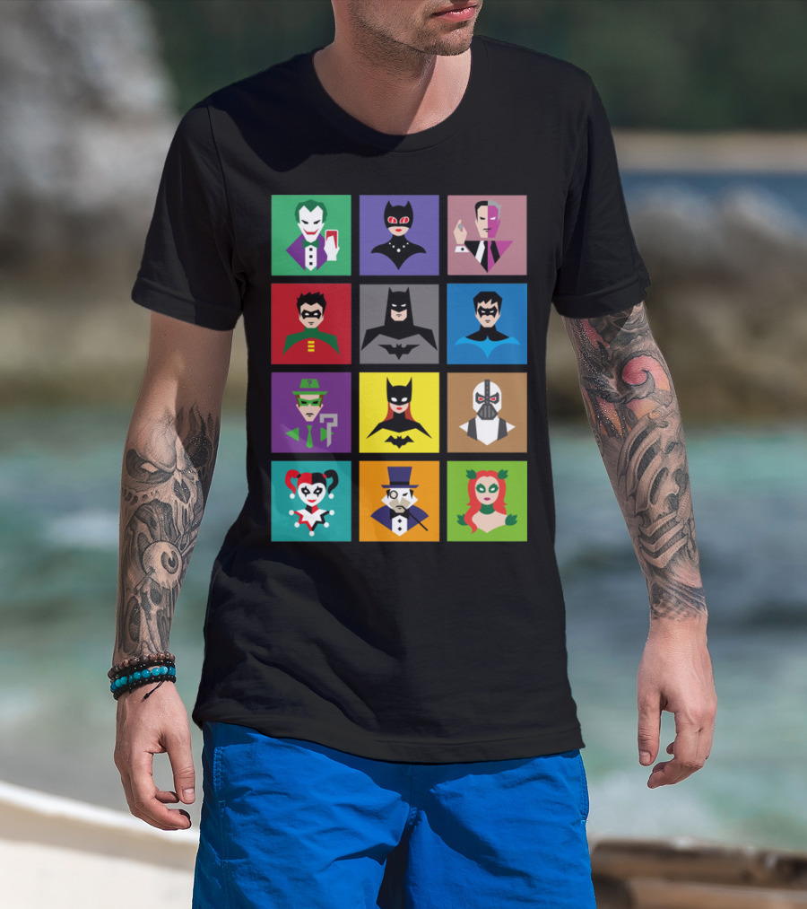 Batman Animated Villains Heroes Joker Catwoman Two-Face Robin Nightwing Riddler Batgirl Bane Harley Quinn Penguin Poison Ivy T-Shirt
