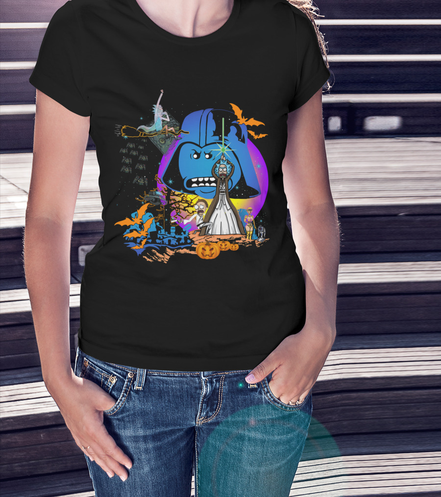 RICK MORTY Star Wars Darth Vader Halloween Crossover With Lightsabers And Pumpkins T-Shirt