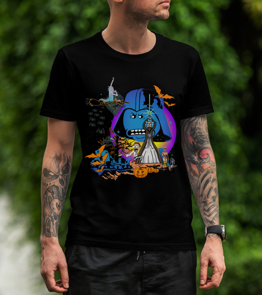 RICK MORTY Star Wars Darth Vader Halloween Crossover With Lightsabers And Pumpkins T-Shirt