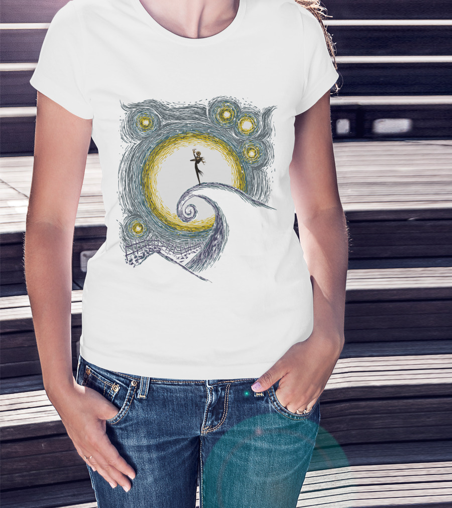Jack Skellington On Curled Hill With Starry Night Inspired Background T-Shirt