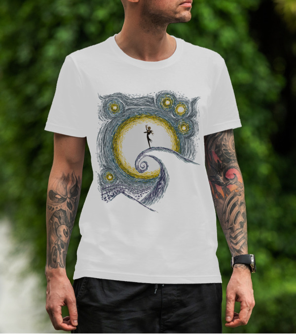 Jack Skellington On Curled Hill With Starry Night Inspired Background T-Shirt