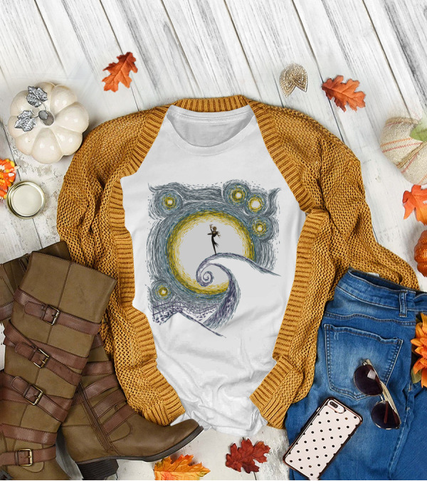 Jack Skellington On Curled Hill With Starry Night Inspired Background T-Shirt