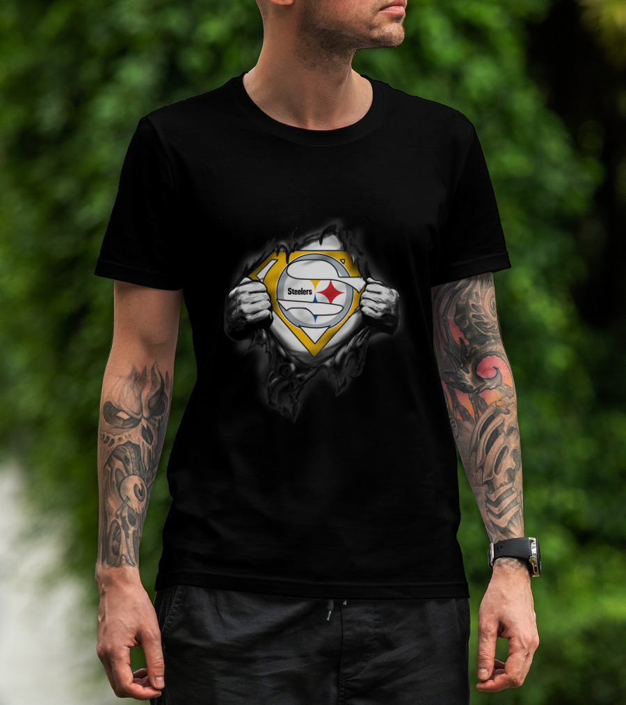 Steelers Emblem Revealed Through Superhero Suit Tear T-Shirt