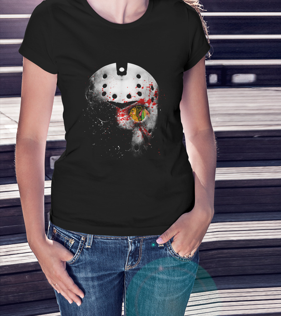 Chicago Blackhawks Jason Mask Blood Splatter Nhl Horror Crossover T-Shirt