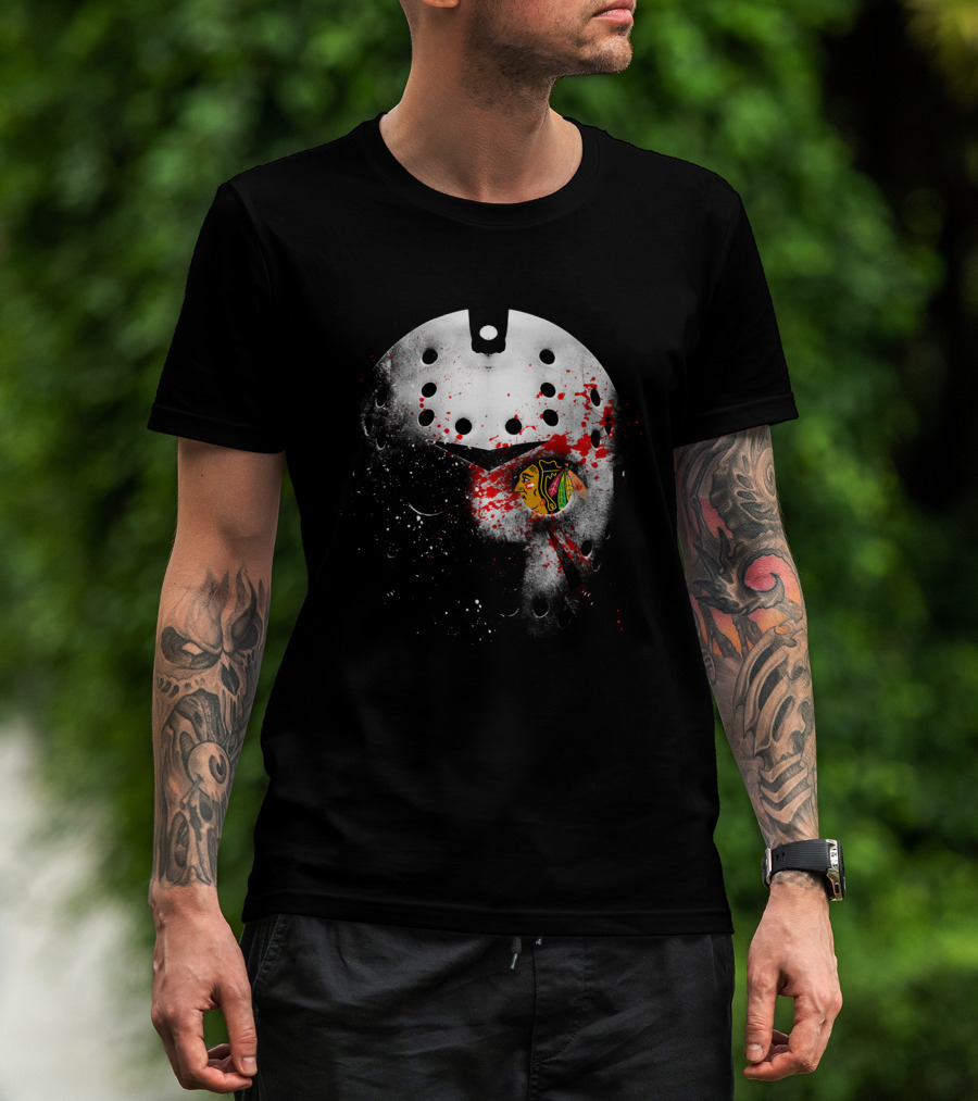 Chicago Blackhawks Jason Mask Blood Splatter Nhl Horror Crossover T-Shirt