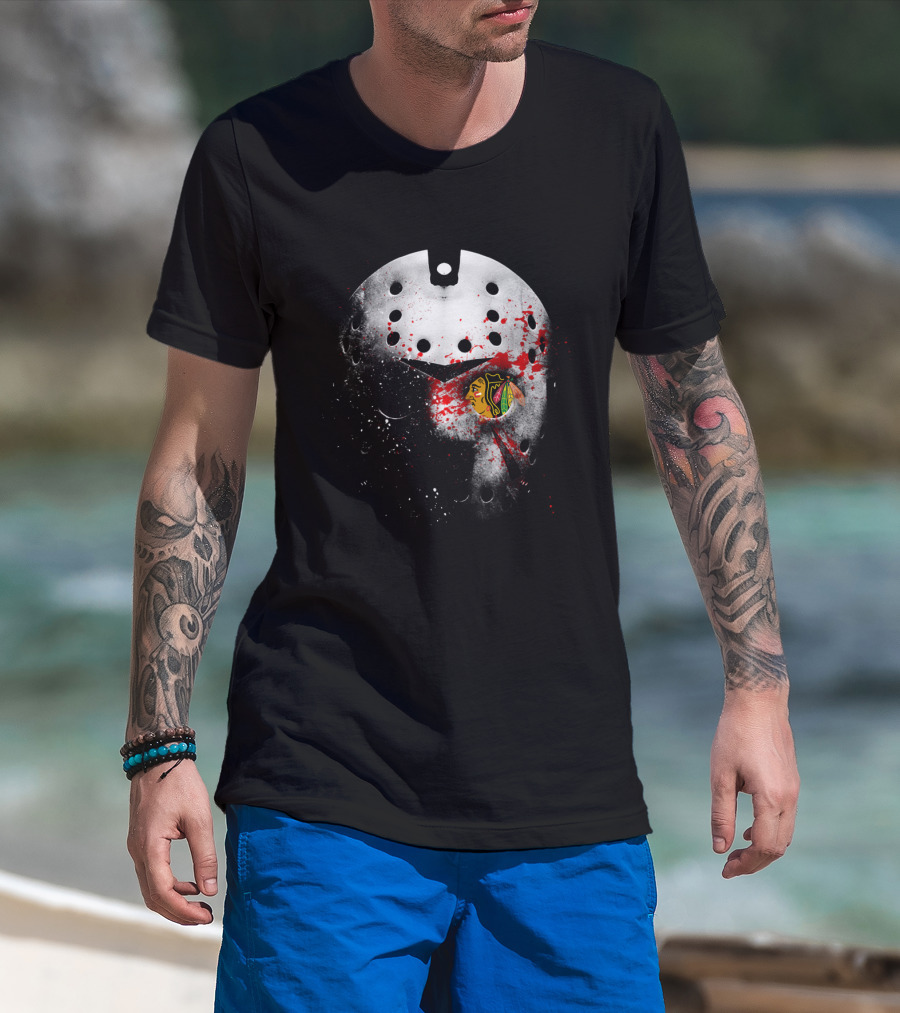 Chicago Blackhawks Jason Mask Blood Splatter Nhl Horror Crossover T-Shirt