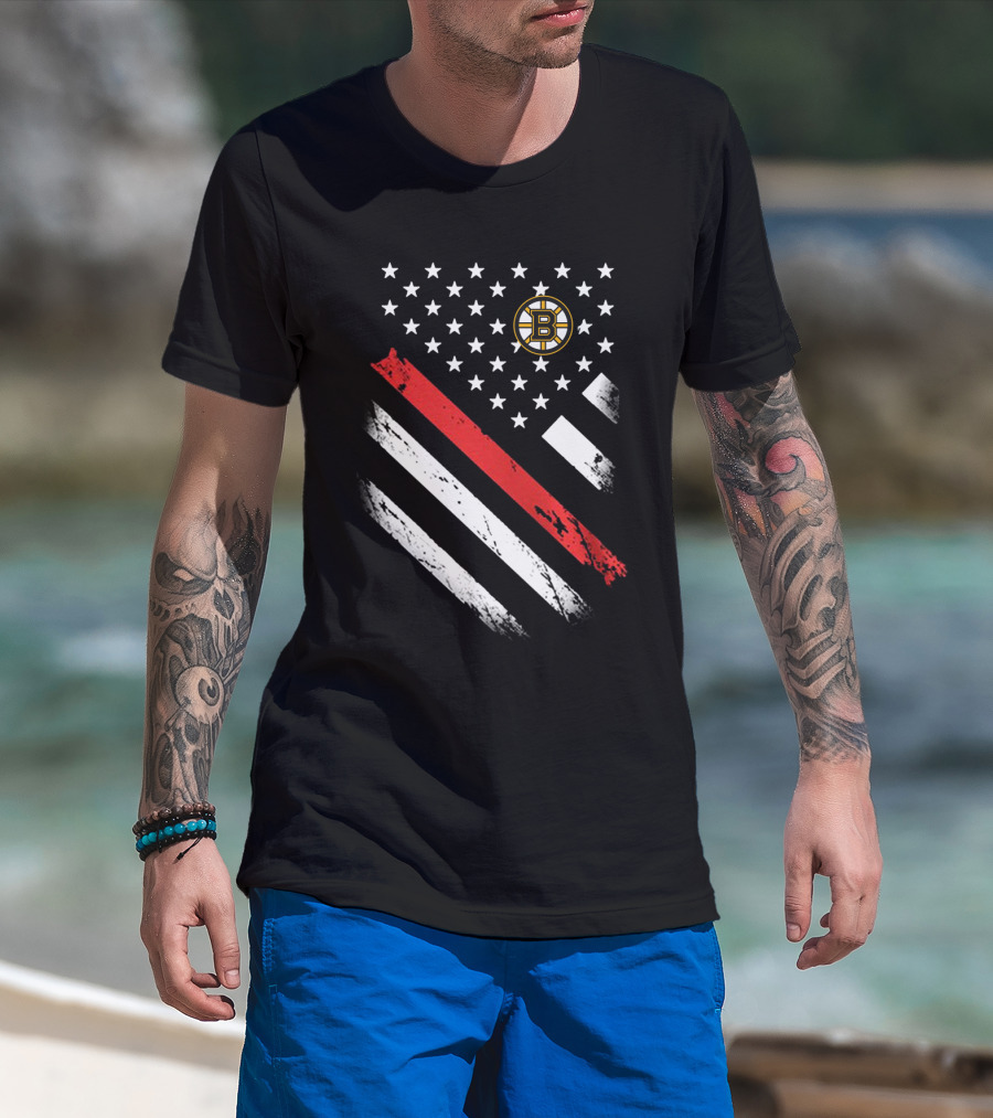 Boston Bruins American Flag Hockey Logo Stars Stripes T-Shirt
