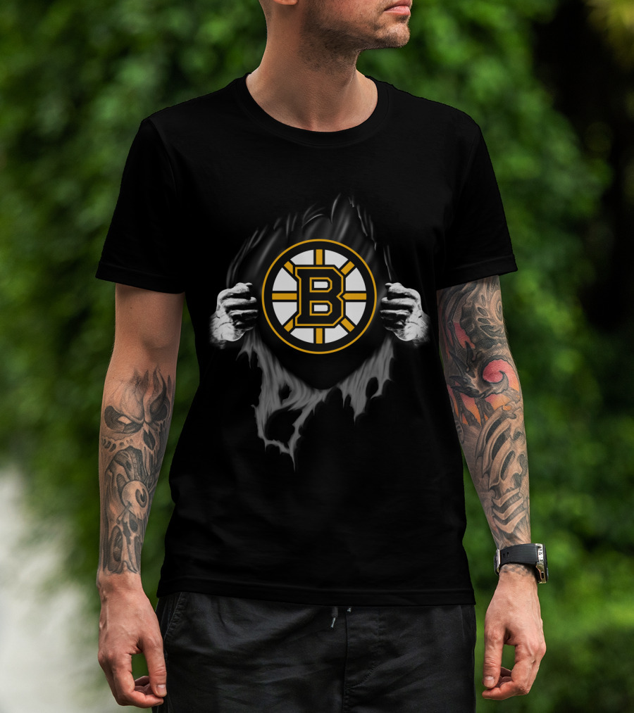 Boston Bruins Hockey Team Logo Peeking Through Torn Fabric T-Shirt
