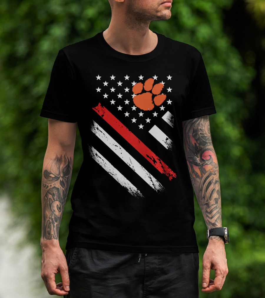 Clemson Tigers Football American Flag Paw Print Stars Stripes T-Shirt