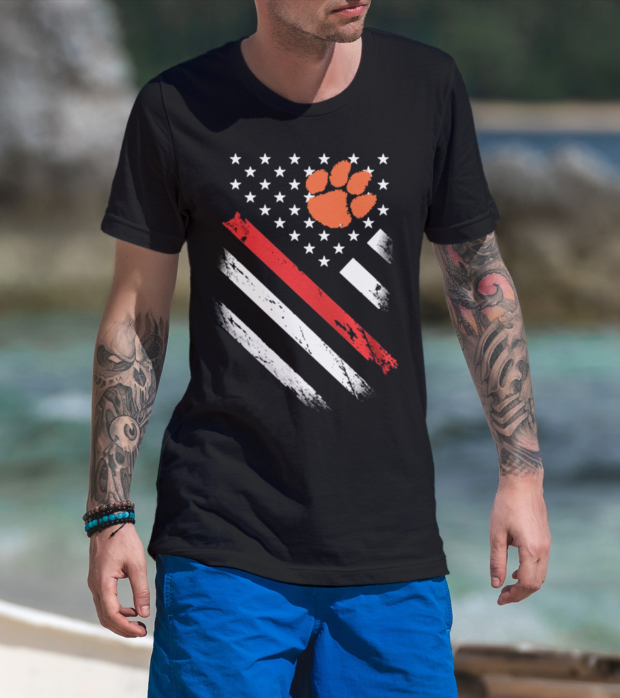 Clemson Tigers Football American Flag Paw Print Stars Stripes T-Shirt