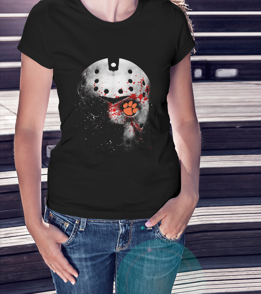 Clemson Tigers Football Jason Voorhees Mask With Paw Print And Blood Splatter T-Shirt