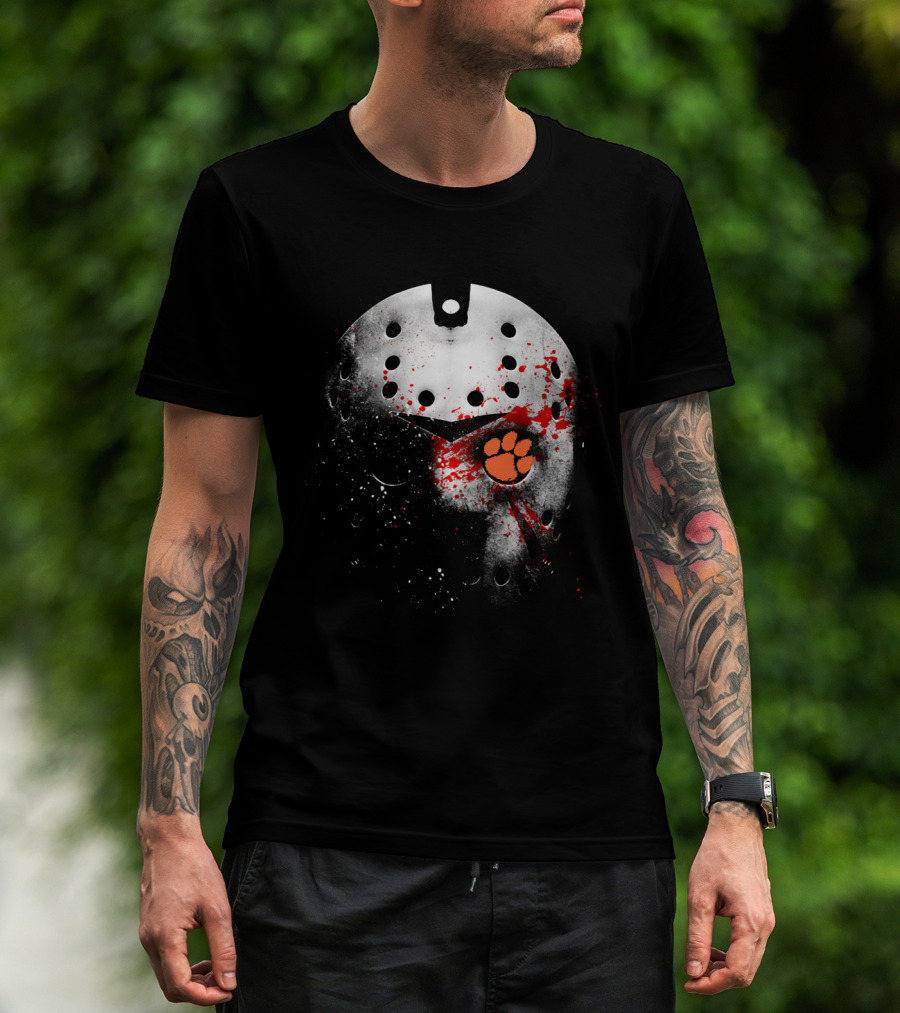 Clemson Tigers Football Jason Voorhees Mask With Paw Print And Blood Splatter T-Shirt