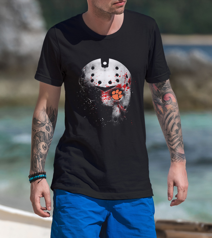 Clemson Tigers Football Jason Voorhees Mask With Paw Print And Blood Splatter T-Shirt